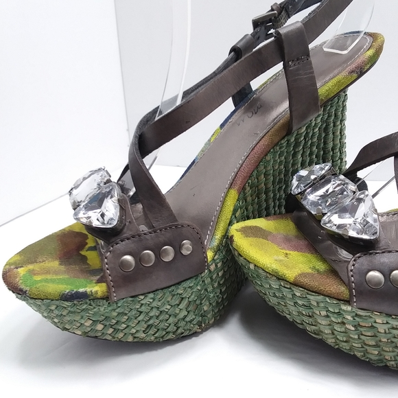 SAM EDELMAN Abstract Fabric & Woven Straw Recessed Platform Wedge Bling … - Picture 8 of 15